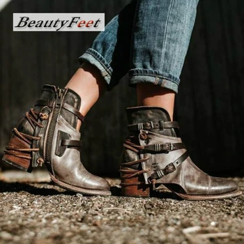 

Vintage Belt Buckles Women Boots Autumn Winter Patchwork Square Heels Round Toe Ankle Boots Plus Size Ladies Boots BeautyFeet