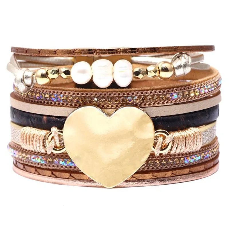 

DIEZI Baroque Pearl Wrap Bracelets Korean Fashion Magnet Buckle Bohemian Gold Big Heart Charm Bracelets Bangles For Women