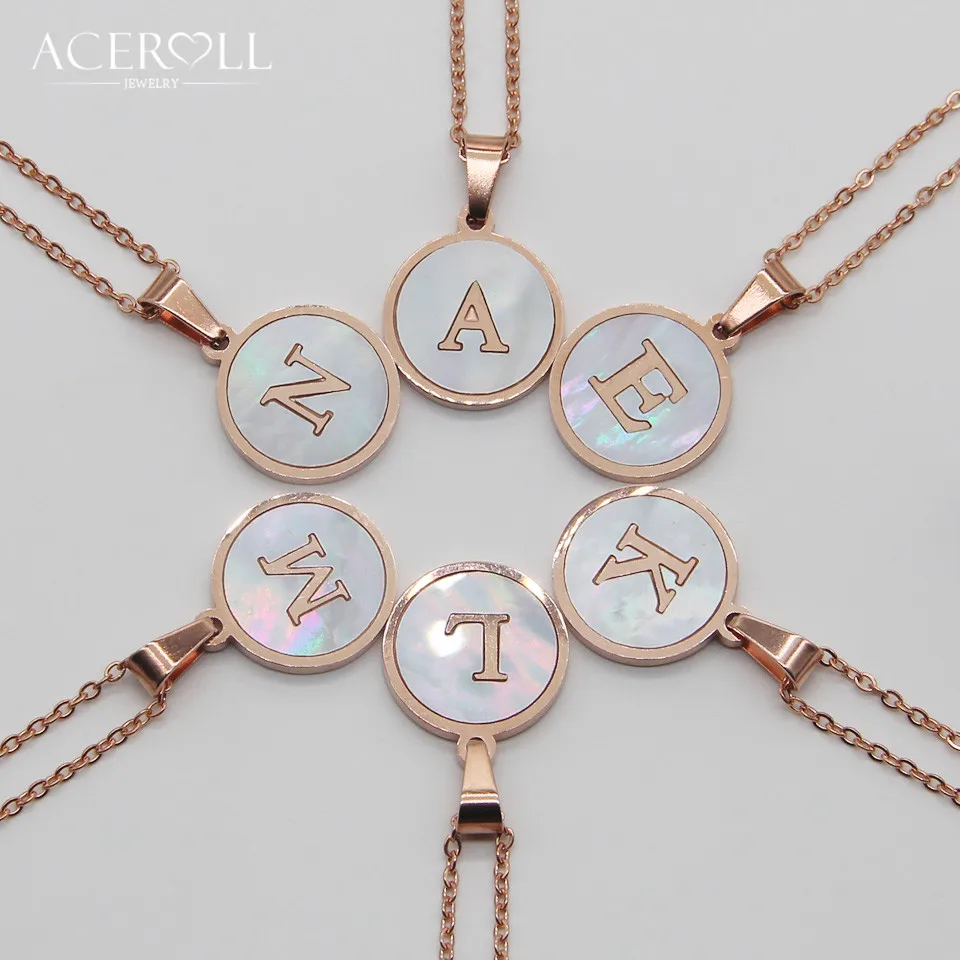 

ACEROLL Initial Letter Necklace -Stainless Steel Round Mother of Pearl Alphabet Name Pendant Necklace Rose Gold Color for Women
