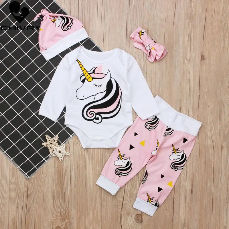 

Chivry 4pcs Cute Infant Baby Girls Boys Unicorn Clothing Long Sleeve Bodysuit Top+Pants+Headband+Hat Girl Outfits Clothes Set