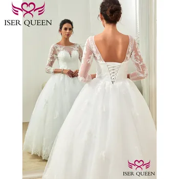

Sweetheart Neckline Long Sleeves Embroidered Lace up Pure White Princess Tulle Ball Gown Wedding Dress Illusion w0495
