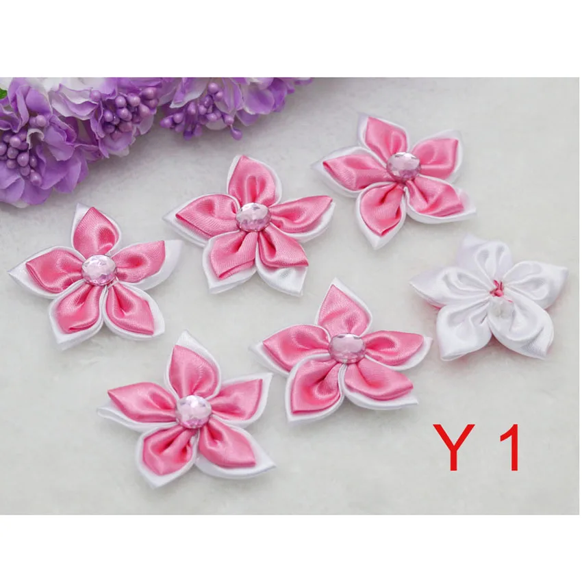 

50pcs 5CM BIG SIZE deep pink Satin Ribbon Flower with Crystal Bead Appliques Craft Trim wedding party DIY Headwear Hairpins