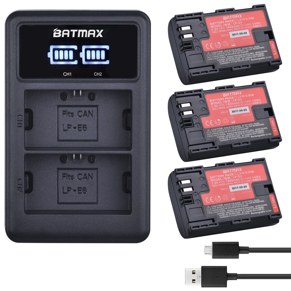 Batmax LP-E6 LPE6 LP-E6N Сделано в Японии ячеек батарея+ светодиодный двойной USB зарядное устройство для Canon EOS 5D Mark II III 5DS 5DSR 6D 7D 60D 60Da - Цвет: 3B with charger