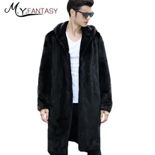 M. Y. FANSTY, зимний крутой мужской черный костюм, квадратный воротник, норковая мужская куртка на молнии из натурального меха с шапкой, х-Длинные повседневные тонкие норковые пальто