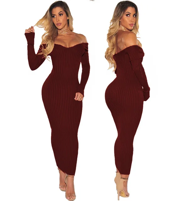 winter full sleeve strapless knitted sweater maxi dress off shoulder plus size bodycon dresses with sleeves