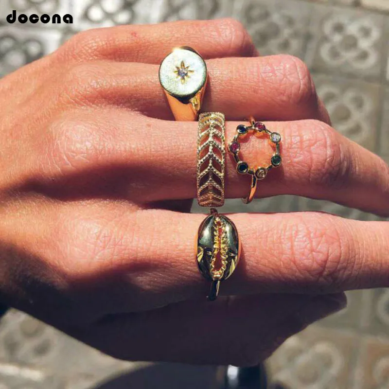 Doocna الصيف جديد منحوتة الجوف البوصلة الملونة حجر الراين قذيفة الذهب خواتم للنساء البوهيمي ميدي المفصل حلقة مجموعة 6992