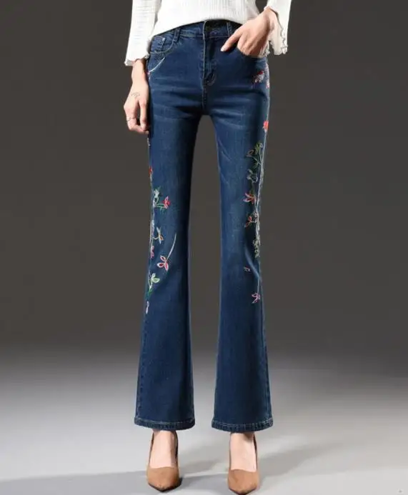 Spring and autumn Women New Embroidery Flower Jeans Thin Elasticity flare pants | Женская одежда