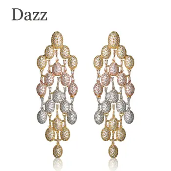 

Dazz Big Tassel Dangle Copper Earrings For Women Wedding Bridal Jewelry Three Tones Cubic Zircon Beads Long Dangle Earring
