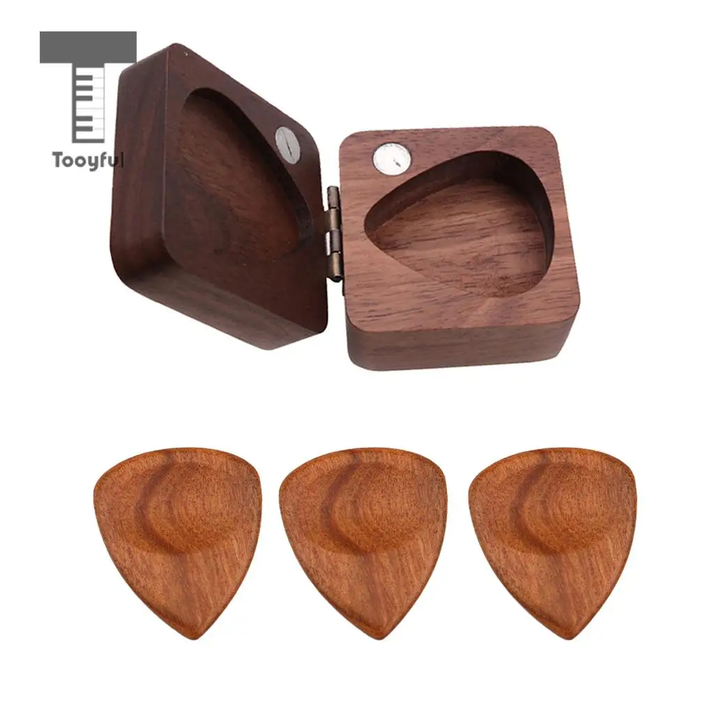 Guitar Pick Plectrum Wood Box+3pcs Wooden Guitar Pick for Guitar Lover Musical Gift