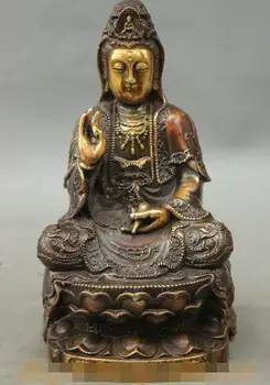 

S06936 8"Chinese Bronze Gilt Buddhism GuanYin Kwan-yin Goddess Buddha Lotus Robe Statue