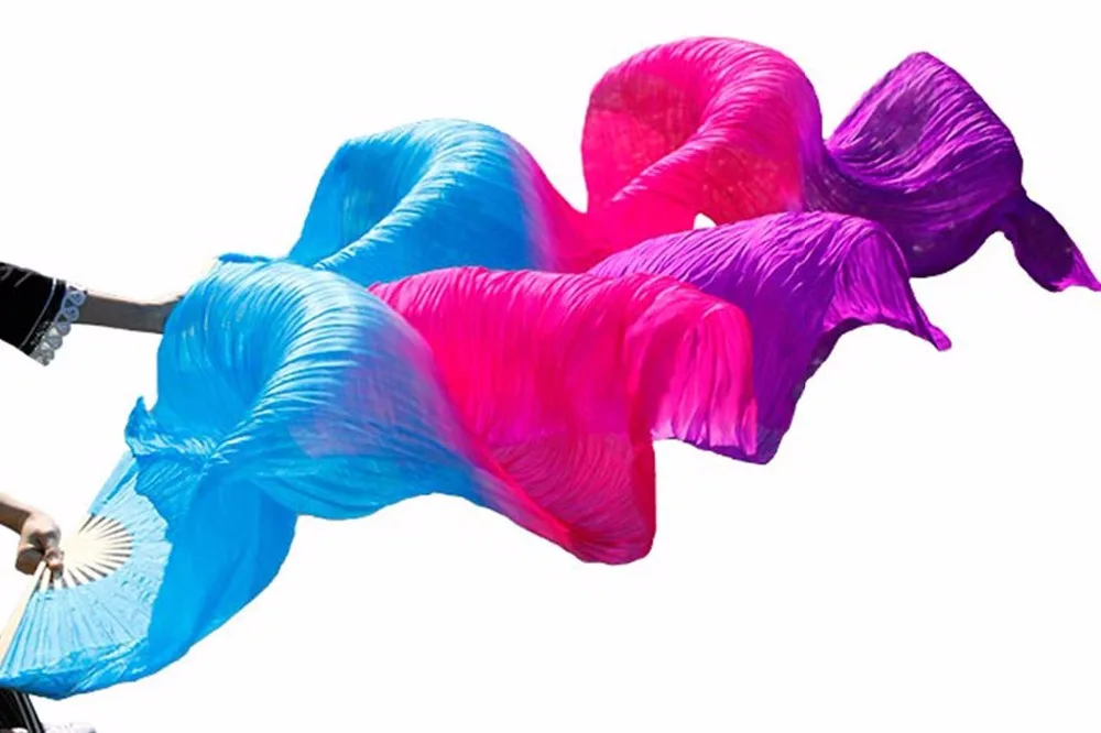 

High Quality 100% Silk Handmade Dyed Silk Belly Dance Fans Dance Performance Real Silk 1Pair Turquoise+Rose+Purple 180*90cm Fans