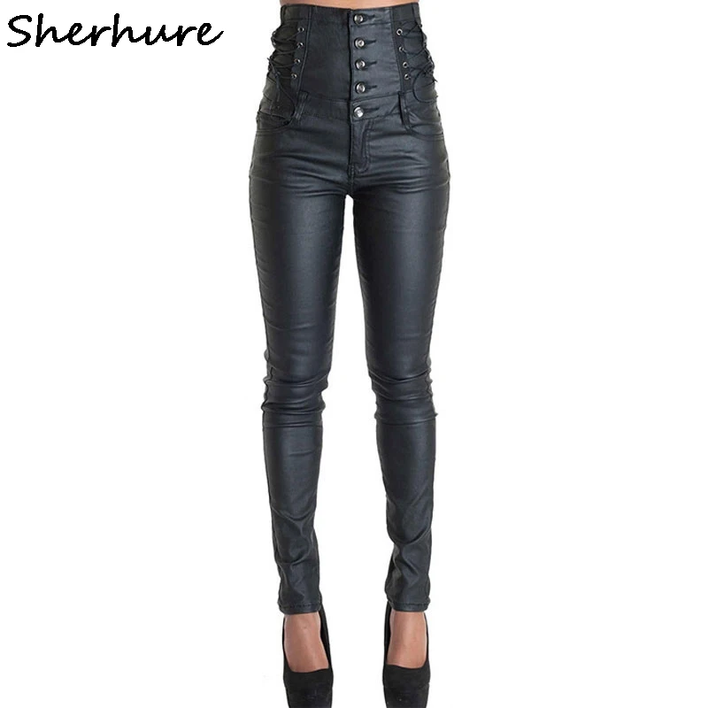 

2019 High Waist Jeans For Women PU Stretch Jeans Plus Size Women Slim Pencil Pants Female Pantalon Femme Lace-Up Trousers