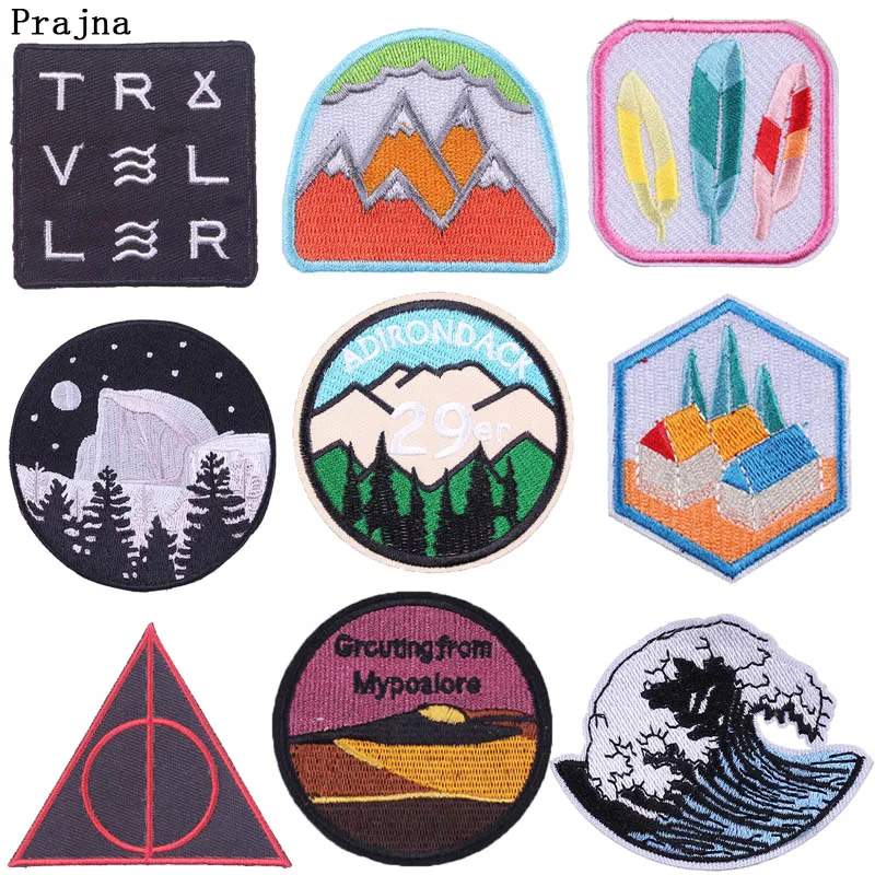 

Prajna Hippie Stickers Embroidered Iron on Patches for Clothing DIY Mountain Sea Wave Patch Stripe Fabric Applique Accessory F