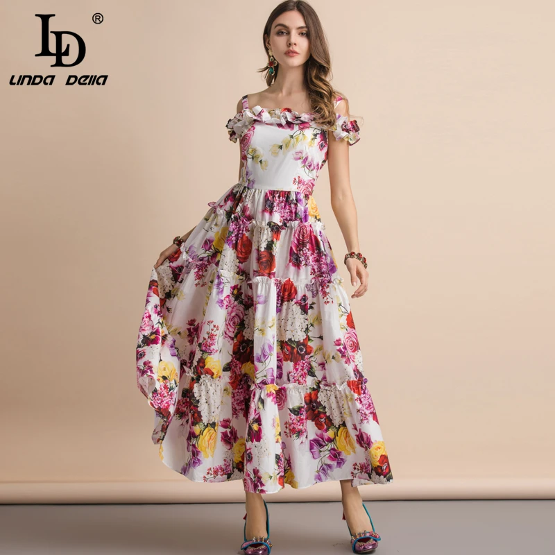 

LD LINDA DELLA New 2019 Summer Spaghetti Strap Dress Women's Slash neck Ruffles Floral Print Pure Cotton Ruched Long Dresses