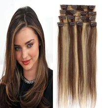 16″-26″ 7PC Clip In On Human Hair Extensions 120G Piano Color P4/27 Hair Style Brazilian Virgin Straight Hair Full Head Clip Ins