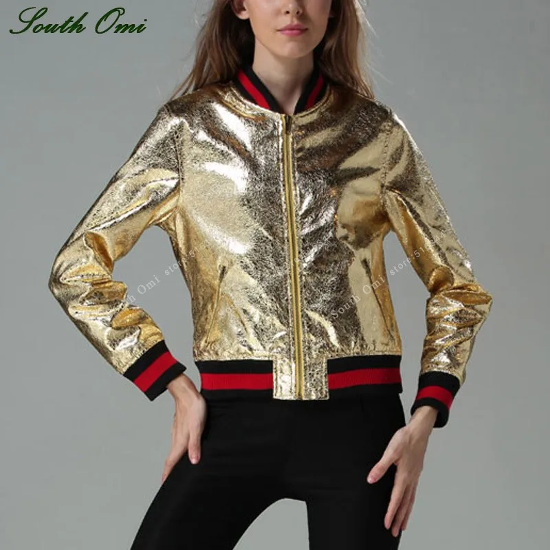 Серебристая/Золотая кожаная куртка женская черная бейсбольная форма Бомбер куртка Женская искусственная кожа Панк Подиумные куртки Chaqueta Verde