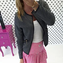 Fashion New Women Short Coat Jacket Long Sleeve Casual Tartan Cardigan White Black Zipper Pockets Slim Suit Outerwears Tops Y1