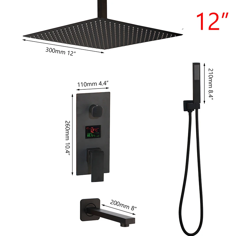 Monite термостатический дисплей температуры Черный 8 10 12 дюймов настенное крепление Ванная комната дождевой кран наборы ORB душевая головка ручной набор - Цвет: 12 inch Shower Set