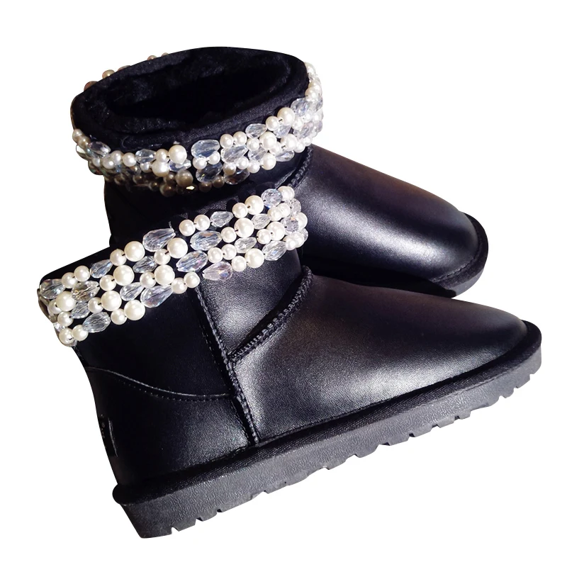 

New 2018 Black Leather Ankle Boots For Women Pearls Rhinestones Ladies Sexy Boots Waterproof Snow Boots Warm Fur Winter Shoes