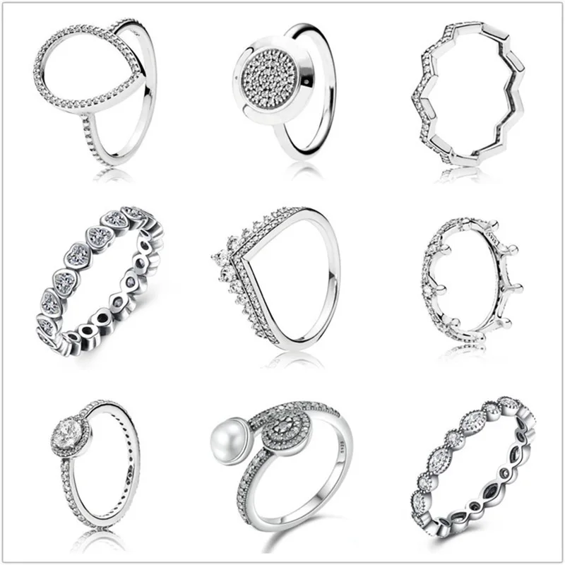 

9 Style 925 Sterling Silver Ring Pave Logo Signature With Crystal Pan Rings For Women Wedding Women Gifts Fine Jewelry Original