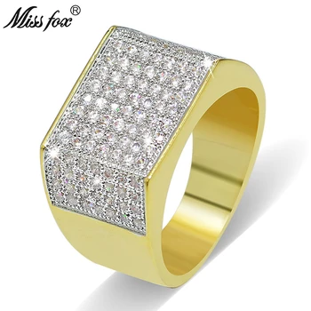

MISSFOX Hip Hop Men Gold Ring Fashion Cubic Zirconia Fully Brand 18k Real Gold Micro Pave Men Luxury Jewelry Gifts For Men