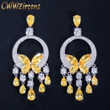 CWWZircons Qualität Lange Big CZ Stein Gelb Kristall Quaste Drop Ohrringe für Frauen Mode-Statement Hochzeit Schmuck CZ034