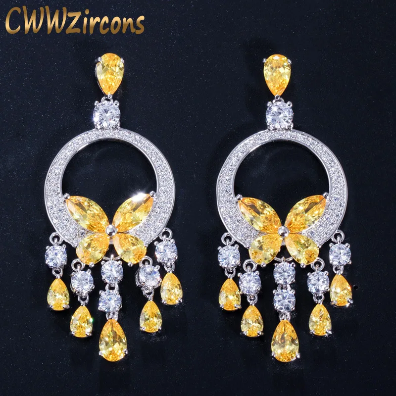 Женские длинные серьги подвески CWWZircons желтые с крупными фианитами модные