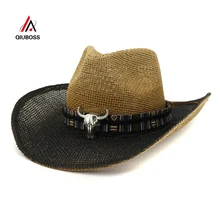 Черный Краски распыления большими полями ковбойской Шапки летние Для мужчин Для женщин Бумага шляпа для защиты от солнца Панама Бич Соломенная шляпка праздничные пляжные шляпы