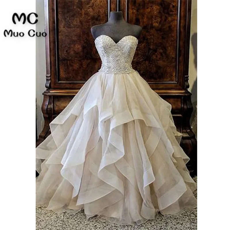 Sweetheart creamy tulle customize long wedding dress with beading, long winter formal prom gown
