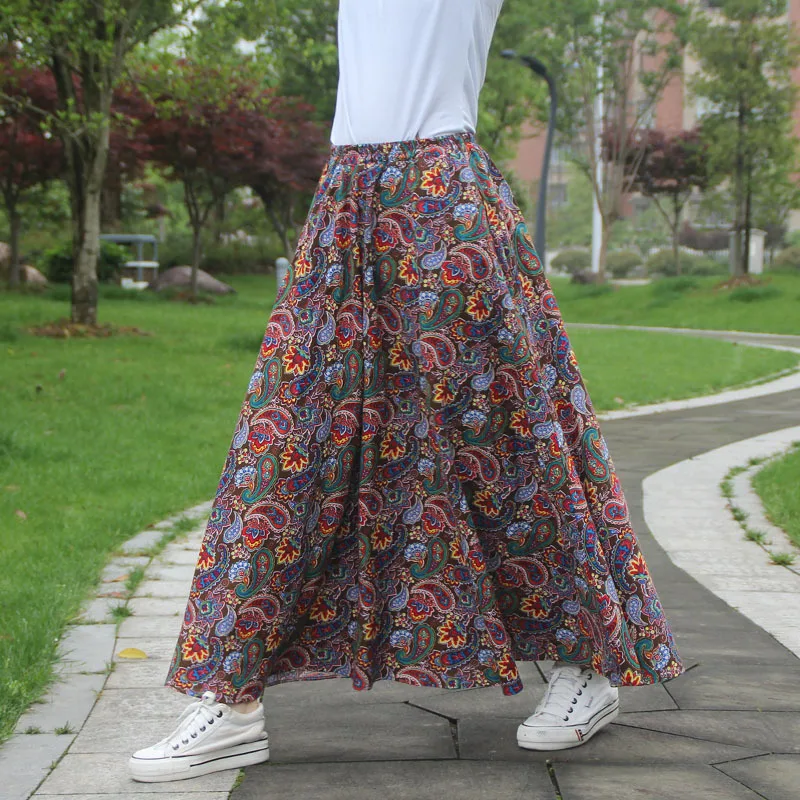 

Vintage Women Maxi Skirts 2019 Summer Casual Loose High Waist Cotton Linen Big Hem Skirt Plus Size Long Boho Beach Skirt W1667