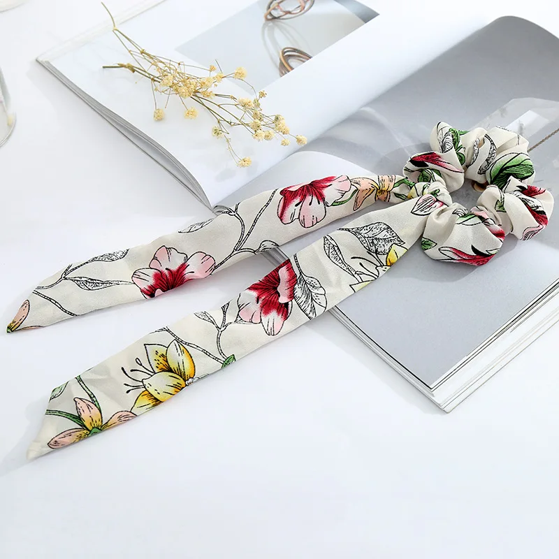 AWAYTR Print Chiffon Scrunchie Elastic Hair Band Bow Hair Ropes Sweet Ladies Head Band Girls Hair Ties Women Hair Accessories