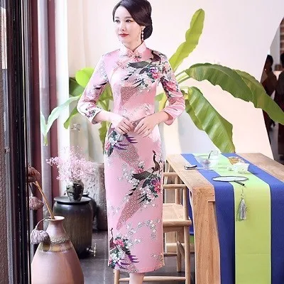 SHENG COCO китайское традиционное платье Cheongsam Qipao с длинным рукавом женское темно-синее длинное вечернее Ципао Drees размера плюс 6XL - Цвет: Розовый