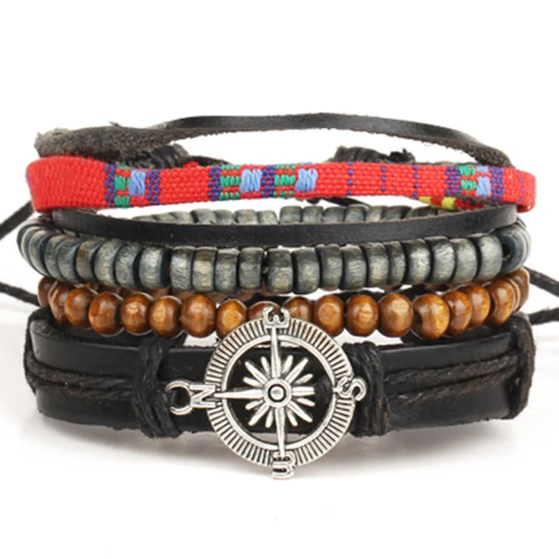 

Punk Compass Men's Black Leather Bracelets for Men women Jewelry Multi-layer Wood Bead Chain Male Wristband Bracelet Hombre
