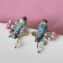 Медные эмалированные плавники, птицы, розовые вишни, серебряные игольчатые серьги