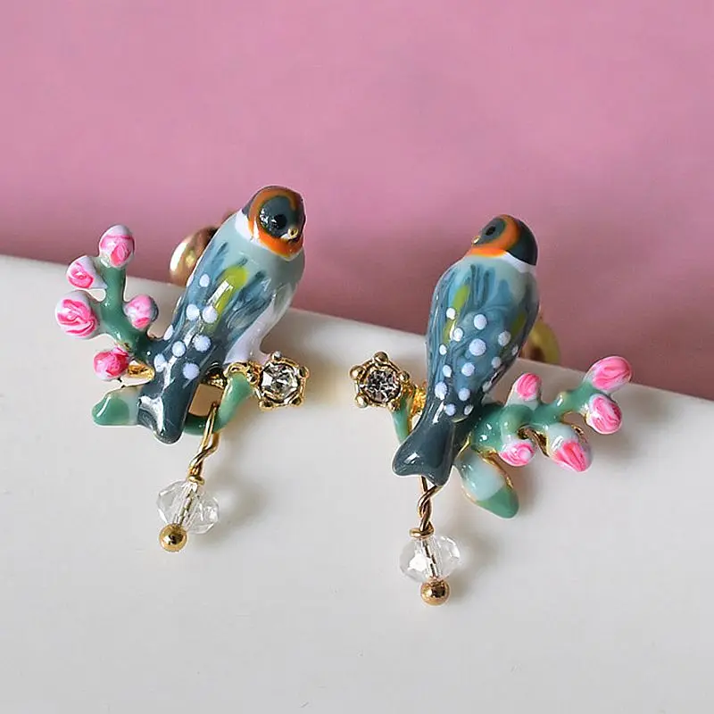 

Copper casting enamel finches, birds, pink cherry blossoms, silver needle earrings.