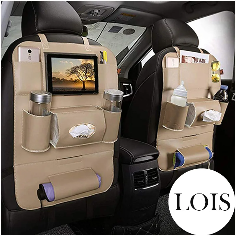 

Car Leather Seat Back Organizer and iPad Mini Holder Universal Use as Car Backseat Organizer for Kids Storage Bottles LB004