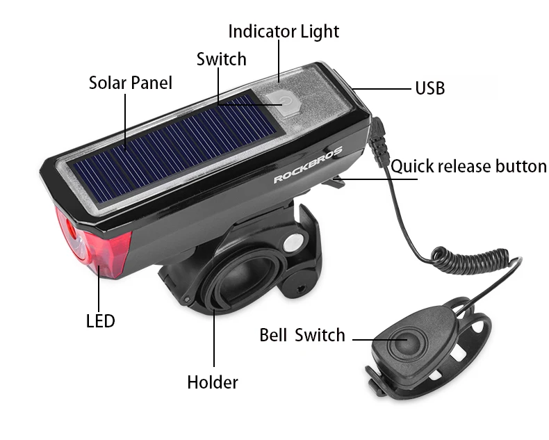Cheap ROCKBROS Solar USB Charging Bike Bicycle Headlights IPX4 Waterproof 2 in 1 Bike Bell Light Sensing Smart Switch Bike Accessories 2