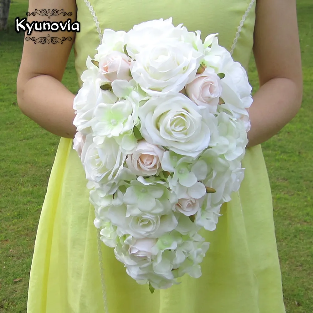 Kyunovia краткое украшение Каскадный букет невесты каплевидные букеты бежевый фиолетовый искусственная Роза альтернатива свадебный цветок FE75