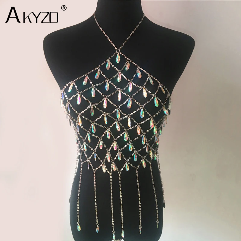 

AKYZO Crazy crystal gem Crop Tops 2018 new Fashion Shining handmade Metal chain Tassel Backless Halter Beach tank Tops