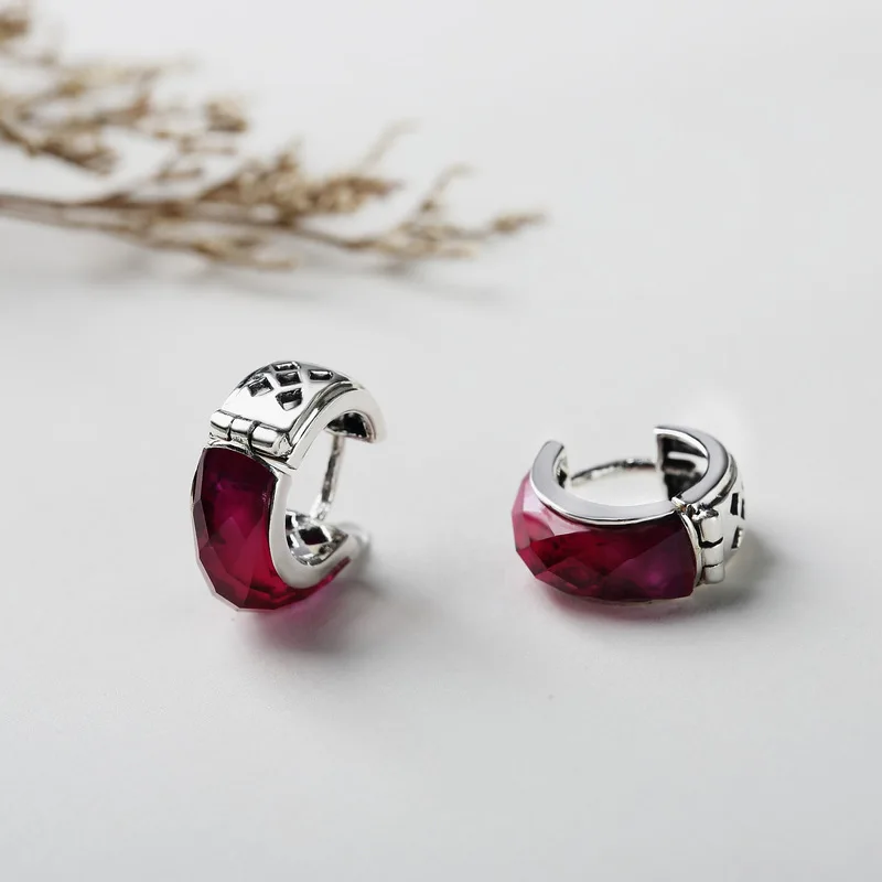 Fashion Faceted Red Ruby Gemstone Marcasite 925 Sterling Silver Boucles d/'oreilles