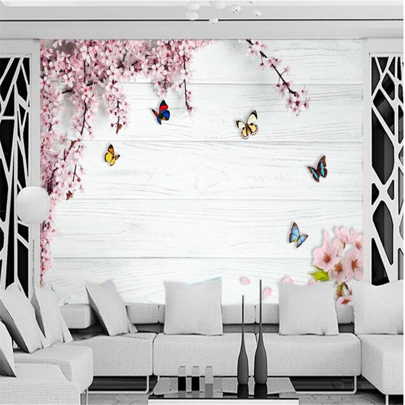 Custom photo wallpaper mural wall stickers romantic cherry butterfly wood board 3d background wall painting papel de parede