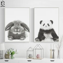 Cute Baby Animal Rabbit Canvas Art Print and Poster, Nursery Woodlands Panda Canvas Painting Nordic Wall Picture Home Decor cute women s satchel with rabbit print and canvas design