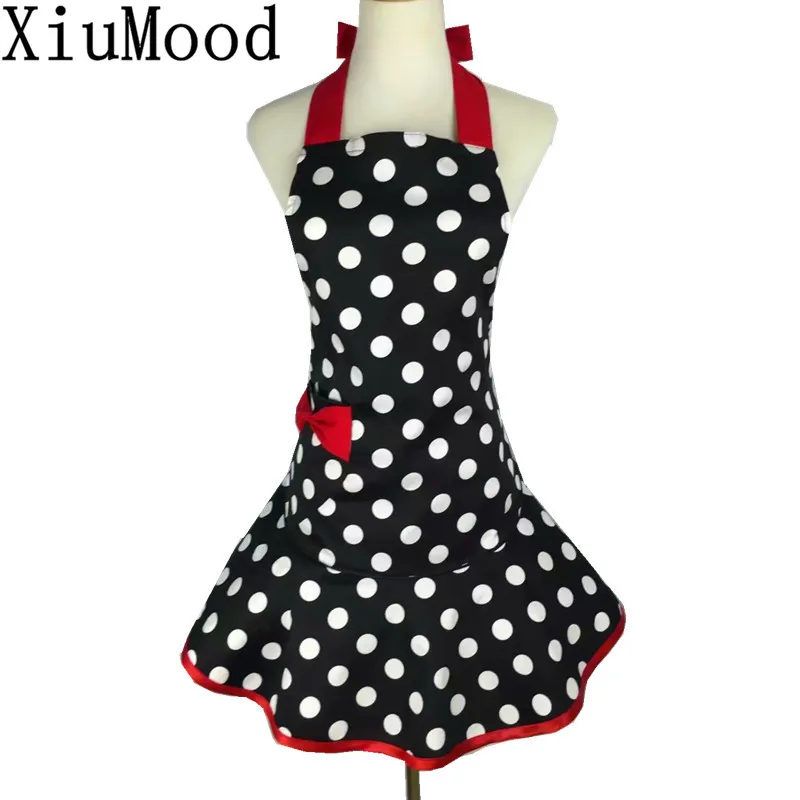 

XiuMood Fashion Retro Polka Dot Apron Cotton Black Dots With Red Bow Pocket Kitchen Cooking Aprons For Women Waiter
