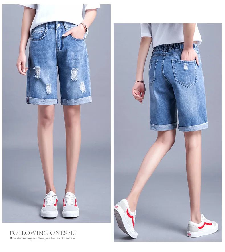Новые Узкие рваные джинсовые Шорты для женщин; Большие размеры Летний стиль Для женщин тонкий по колено длинные Шорты резки Короткие джинсы