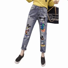 Весна-Осень, новые женские джинсы в Корейском стиле с мультяшной вышивкой, свободные джинсы большого размера 5XL, женские повседневные джинсы-шаровары