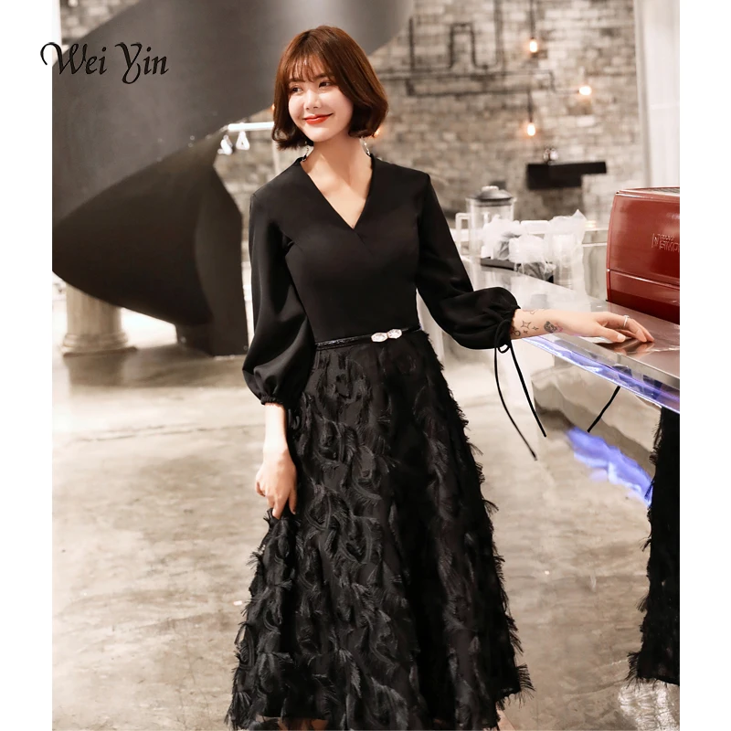 Weiyin 2019 черные женские сексуальные кружевные вечерние платья с v-образным вырезом с коротким рукавом повседневные миди вечерние платья Robe de