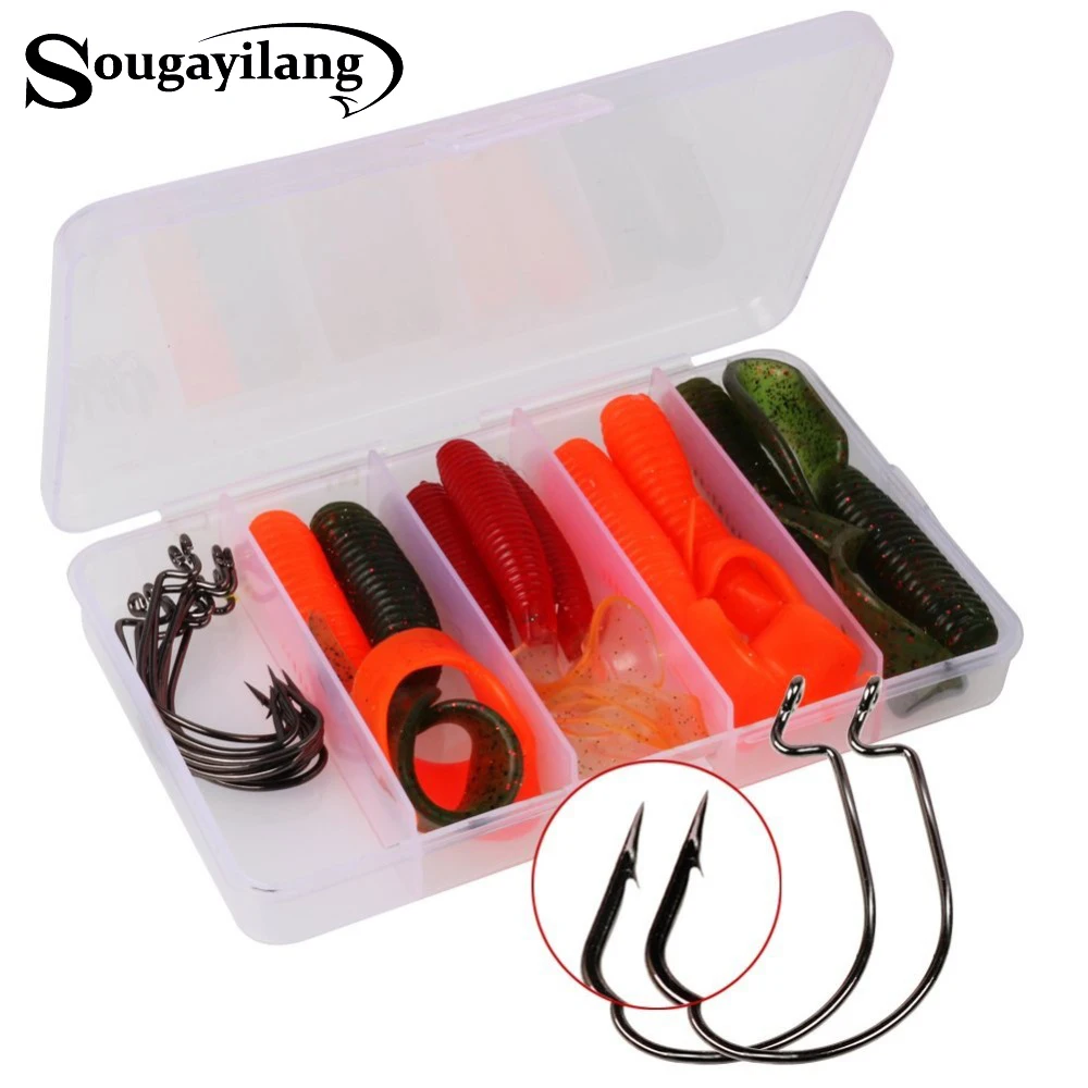 

Sougayilang 9pcs Fishing Soft Lure Kits 10pcs Fishing Hooks Carp Worm Barbed Fishhook Artificial Bait Fishing Box Set Accessorie