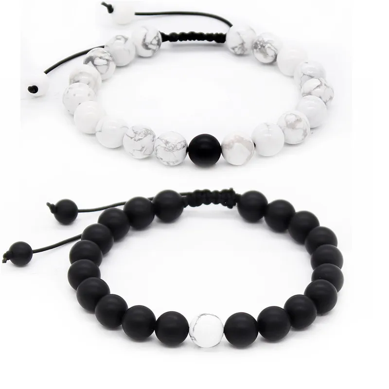 Poahfeel 8Mm Round Black & White Beads Bracelet Matching Couple