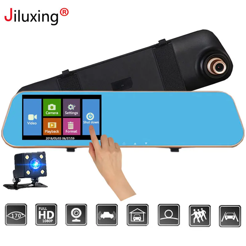 Jiluxing 4,3 ''Автомобильный видеорегистратор версия обновления 1080P сенсорный экран Автомобильная камера зеркало заднего вида двойной объектив видео регистратор видеорегистратор