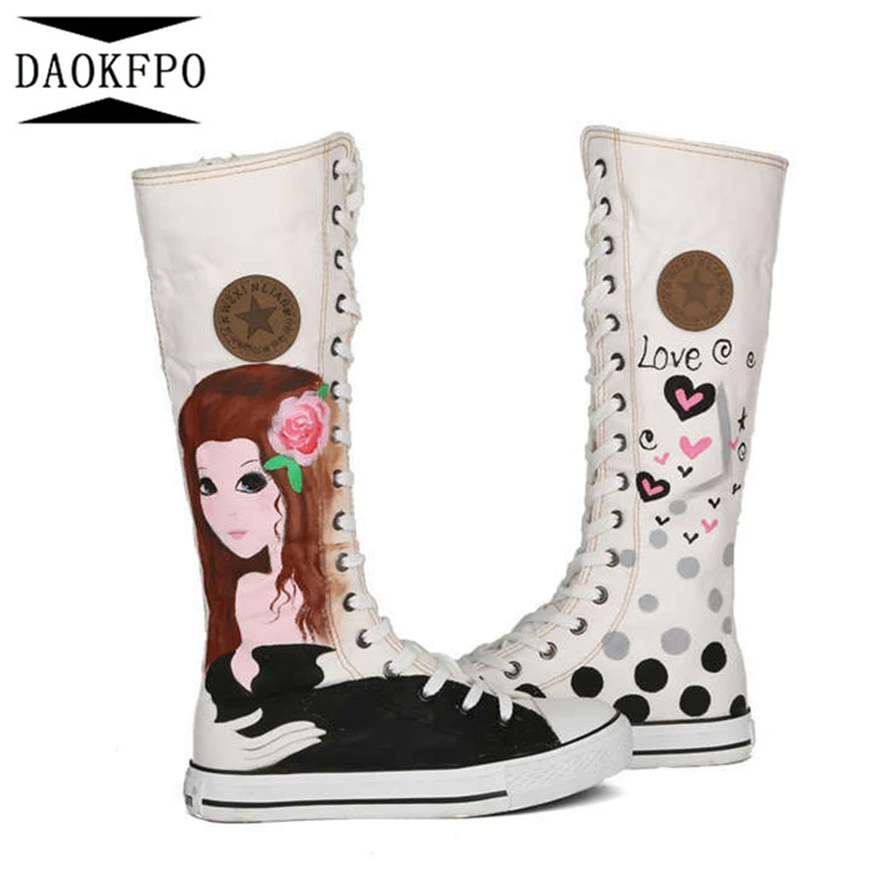 

DAOKFPO 2017 New Fashion 4Colors Women's Canvas Boots Lace-up Knee High Boots Women Boots Flats Casual Tall Punk Shoes Girls